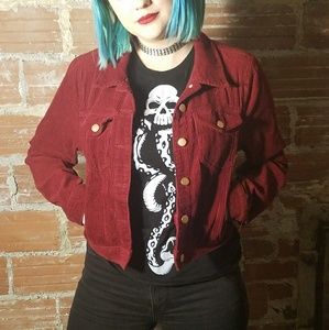 Red corduroy jacket with brass buttons